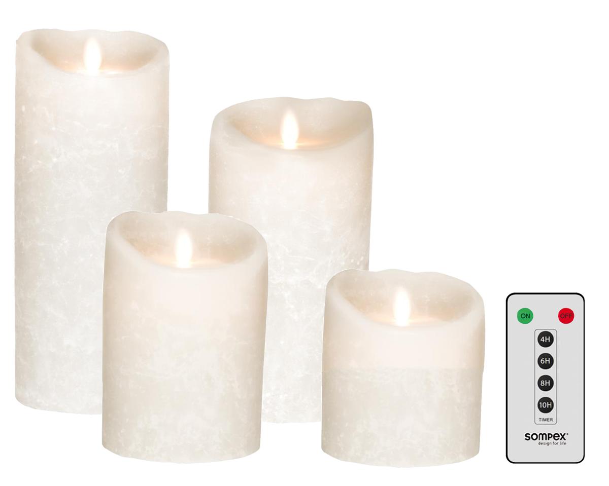 4er Set Sompex Flame LED Echtwachskerzen weiß Frost 10/12,5/18/23cm mit Fernbedienung