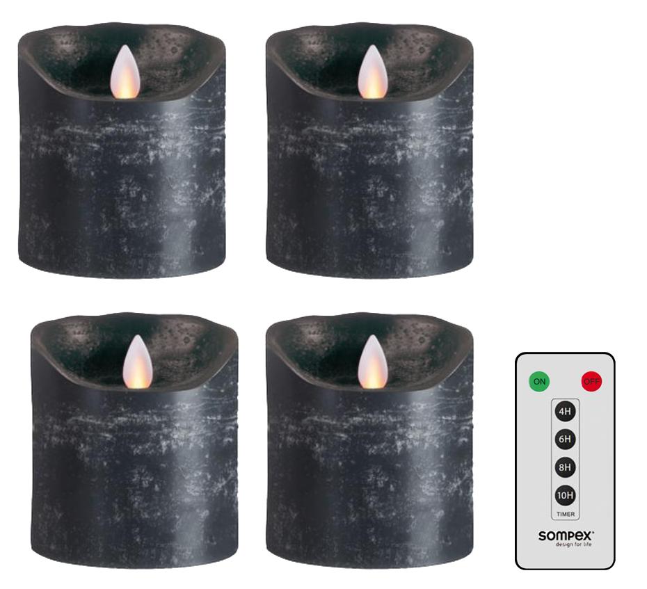 4er Set Sompex Flame LED Echtwachskerzen 10cm anthrazit mit Fernbedienung