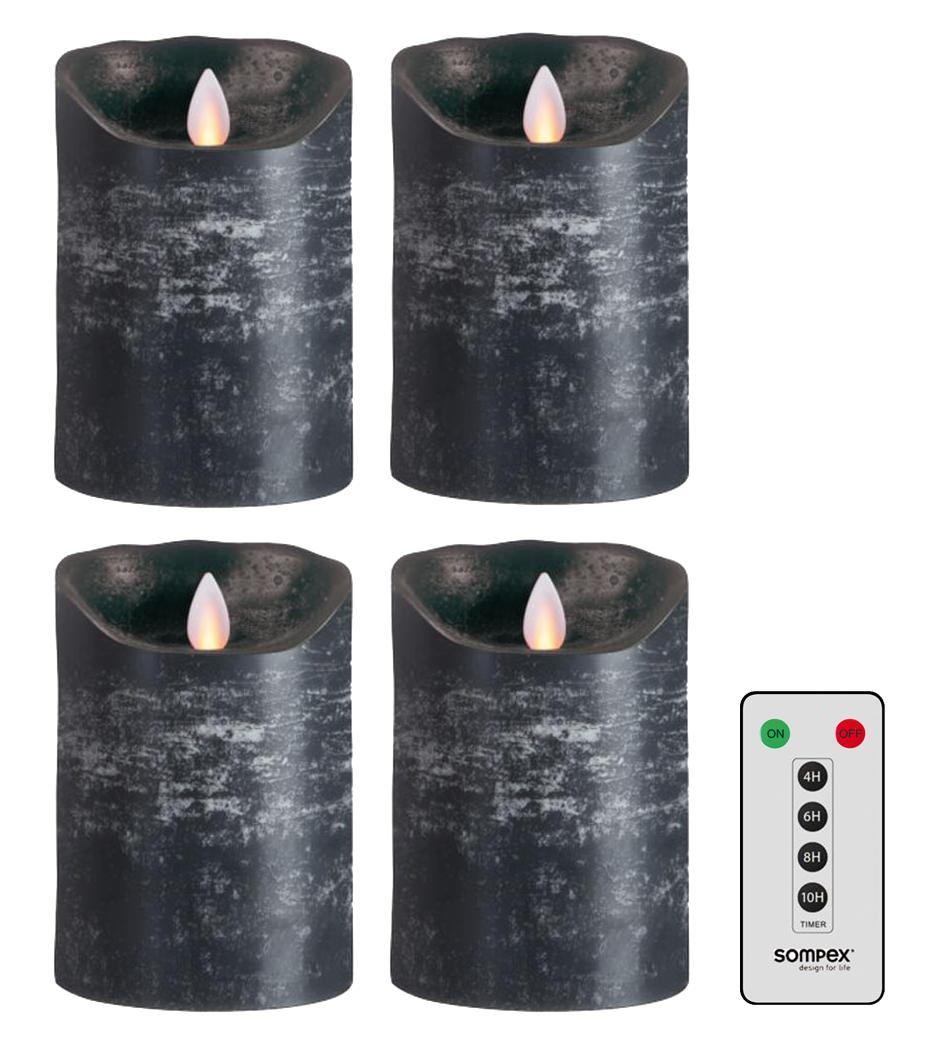 4er Set Sompex Flame LED Echtwachskerzen 12,5cm anthrazit mit Fernbedienung