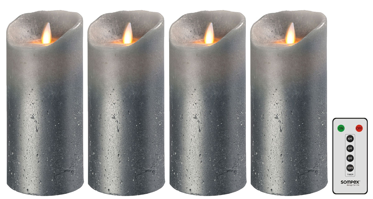 4er Set Sompex Flame LED Echtwachskerzen grau metallic 18cm mit Fernbedienung