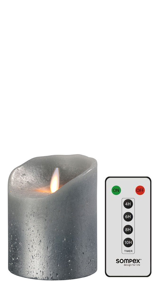 Set Sompex Flame LED Echtwachskerze grau metallic 8x10cm mit Fernbedienung