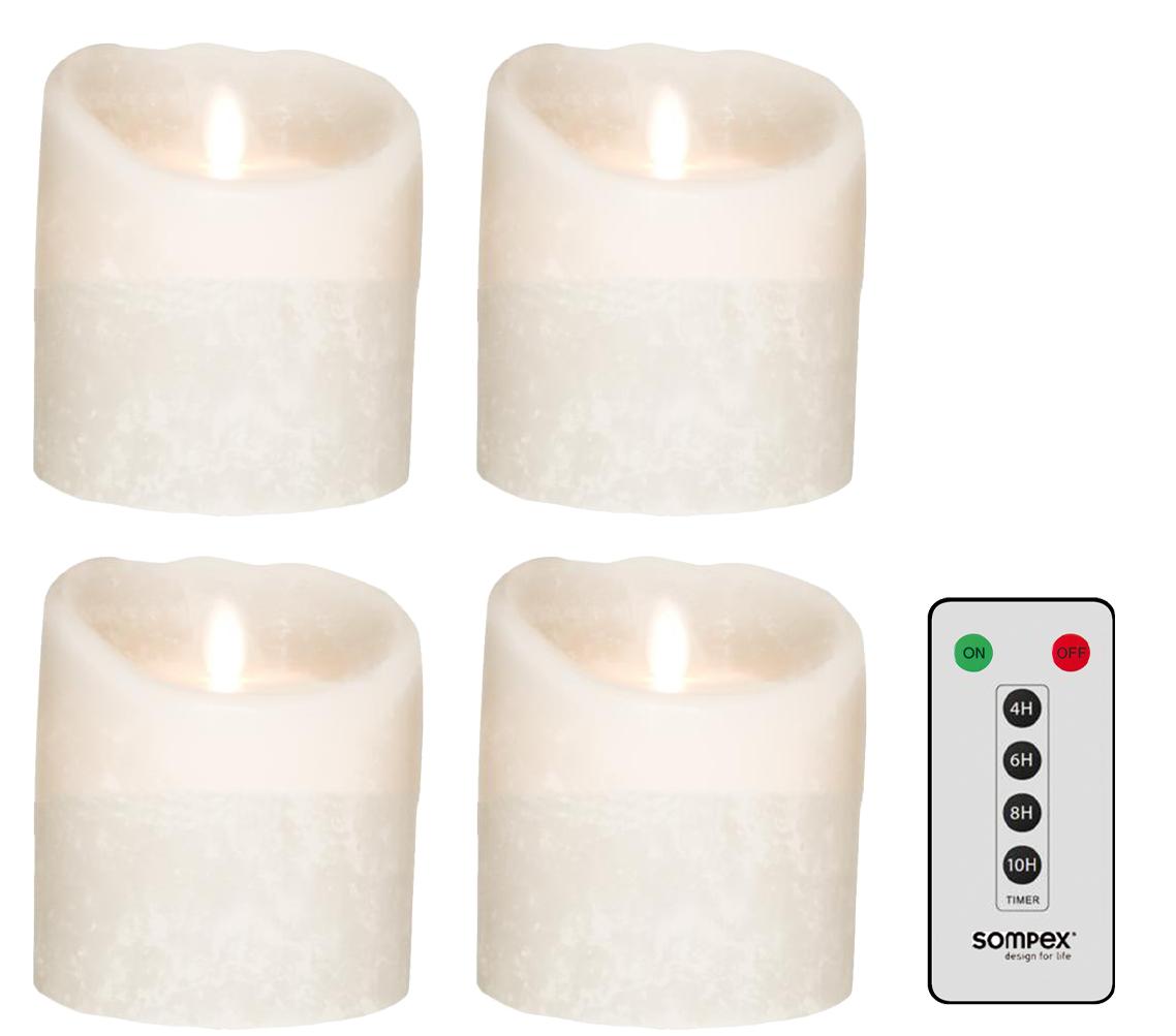 4er Set Sompex Flame LED Echtwachskerzen 10cm weiß Frost mit Fernbedienung