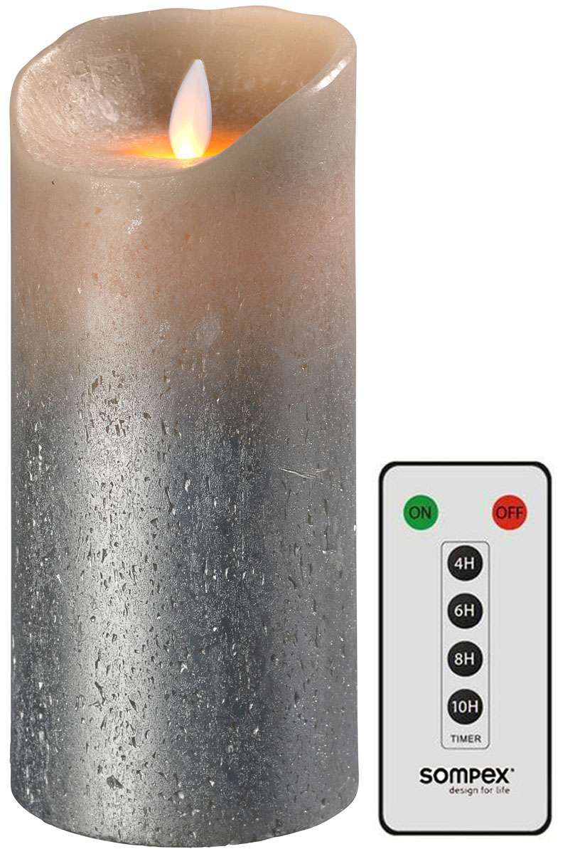 Set Sompex Flame LED Echtwachskerze Sand metallic 8x18cm mit Fernbedienung