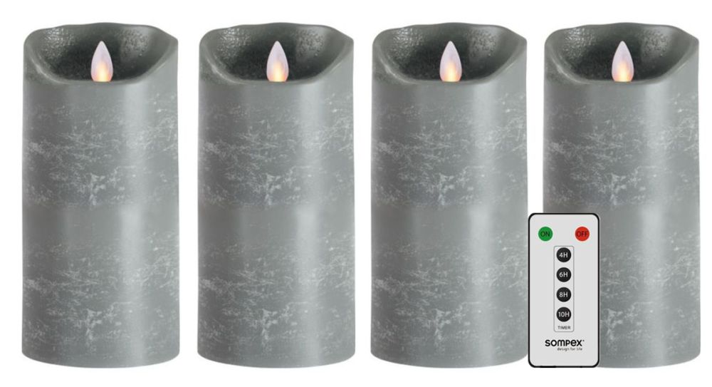 4er Set Sompex Flame LED Echtwachskerzen grau 18cm mit Fernbedienung