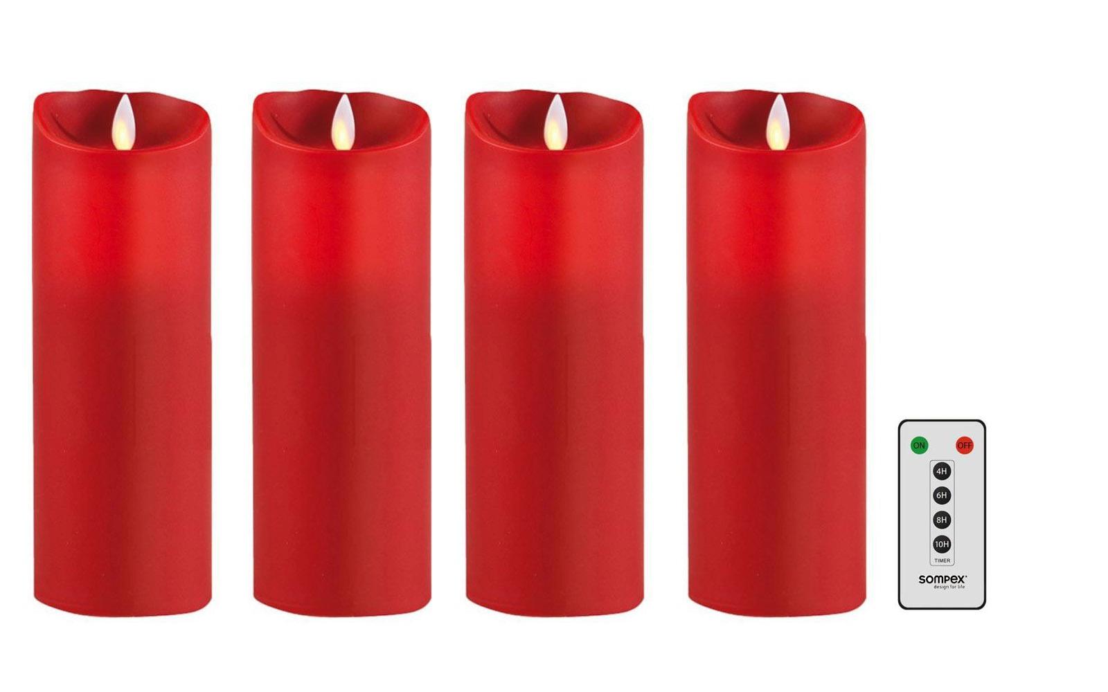 4er Set Sompex Flame LED Echtwachskerzen 23cm rot mit Fernbedienung Adventskranz