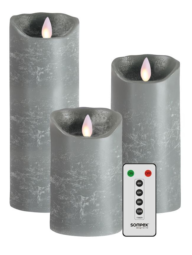 3er Set Sompex Flame LED Echtwachskerzen grau 12,5+18+23cm mit Fernbedienung