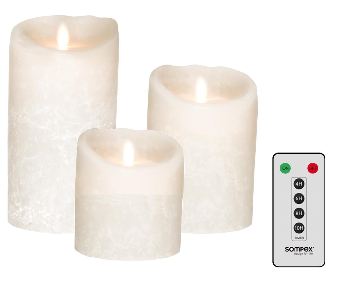 3er Set Sompex Flame LED Echtwachskerzen weiß Frost 10/12,5/18cm mit Fernbedienung